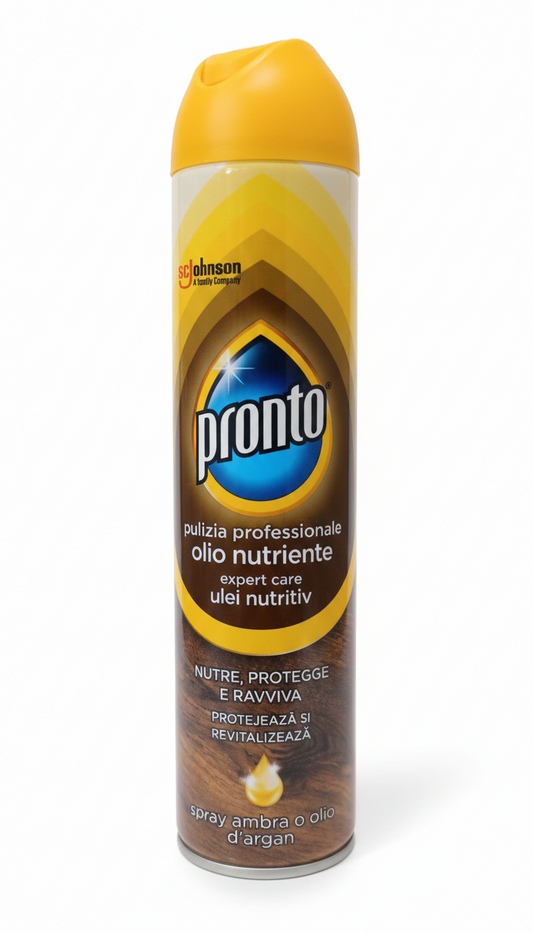 Pronto Ravviva Olio Nutriente Spray 250ml – Formula 4-in-1 per Legno e Pelle – Con Ambra e Olio d'Argan – Nutre, Protegge e Lucida