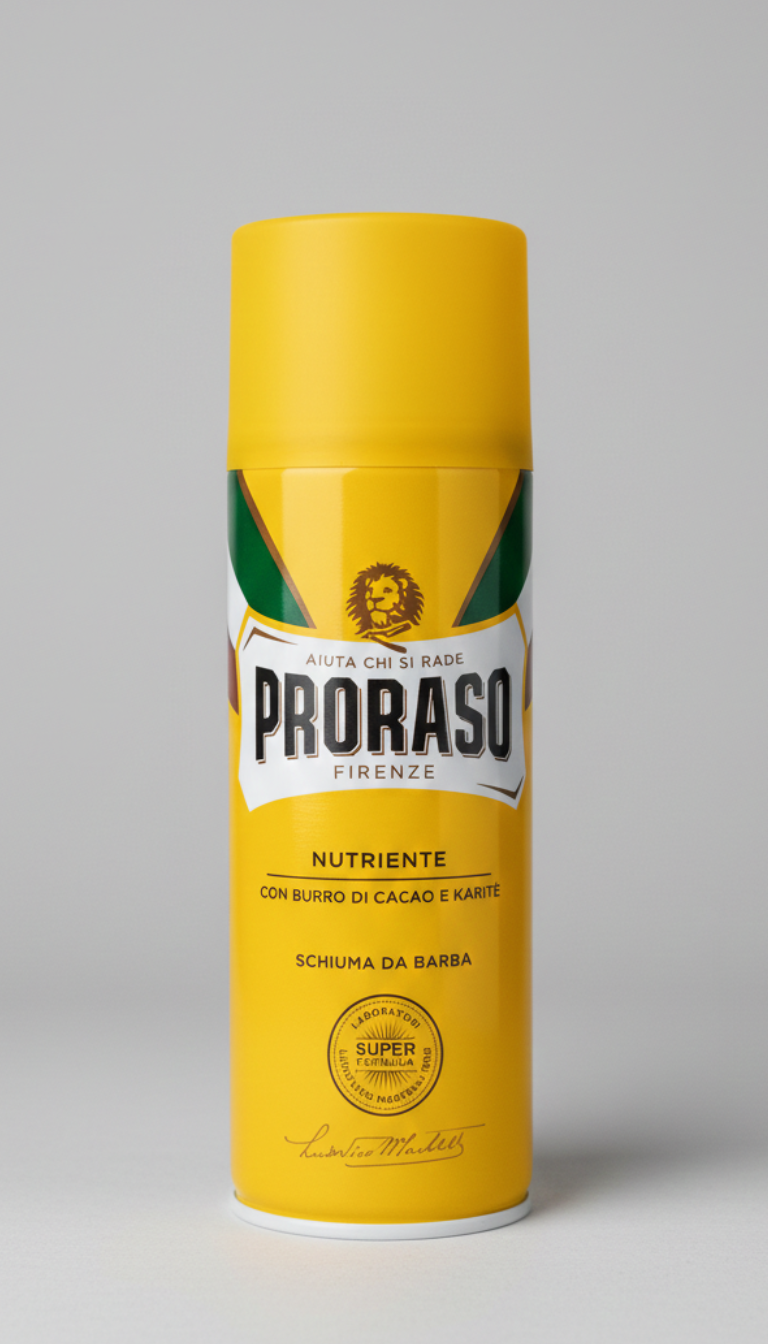 Proraso Schiuma da Barba Nutriente 400ml Linea Gialla con Burro di Karité e Burro di Cacao, schiuma da barba ricca e emolliente per pelli secche e barbe dure, rasatura protettiva e idratante che ammorbidisce la pelle e riduce irritazioni.