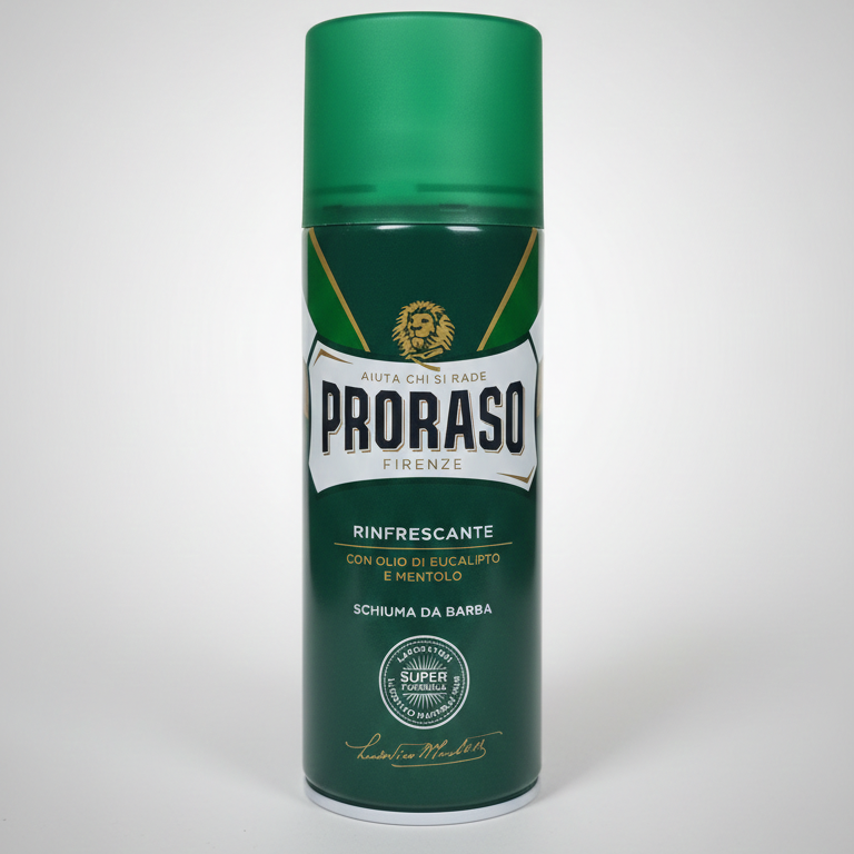 Proraso Schiuma da Barba Rinfrescante Linea Verde 400ml, bombola maxi con olio di eucalipto e mentolo, schiuma da barba professionale effetto ghiaccio, azione tonificante e rinfrescante per rasatura tradizionale e pelle morbida.