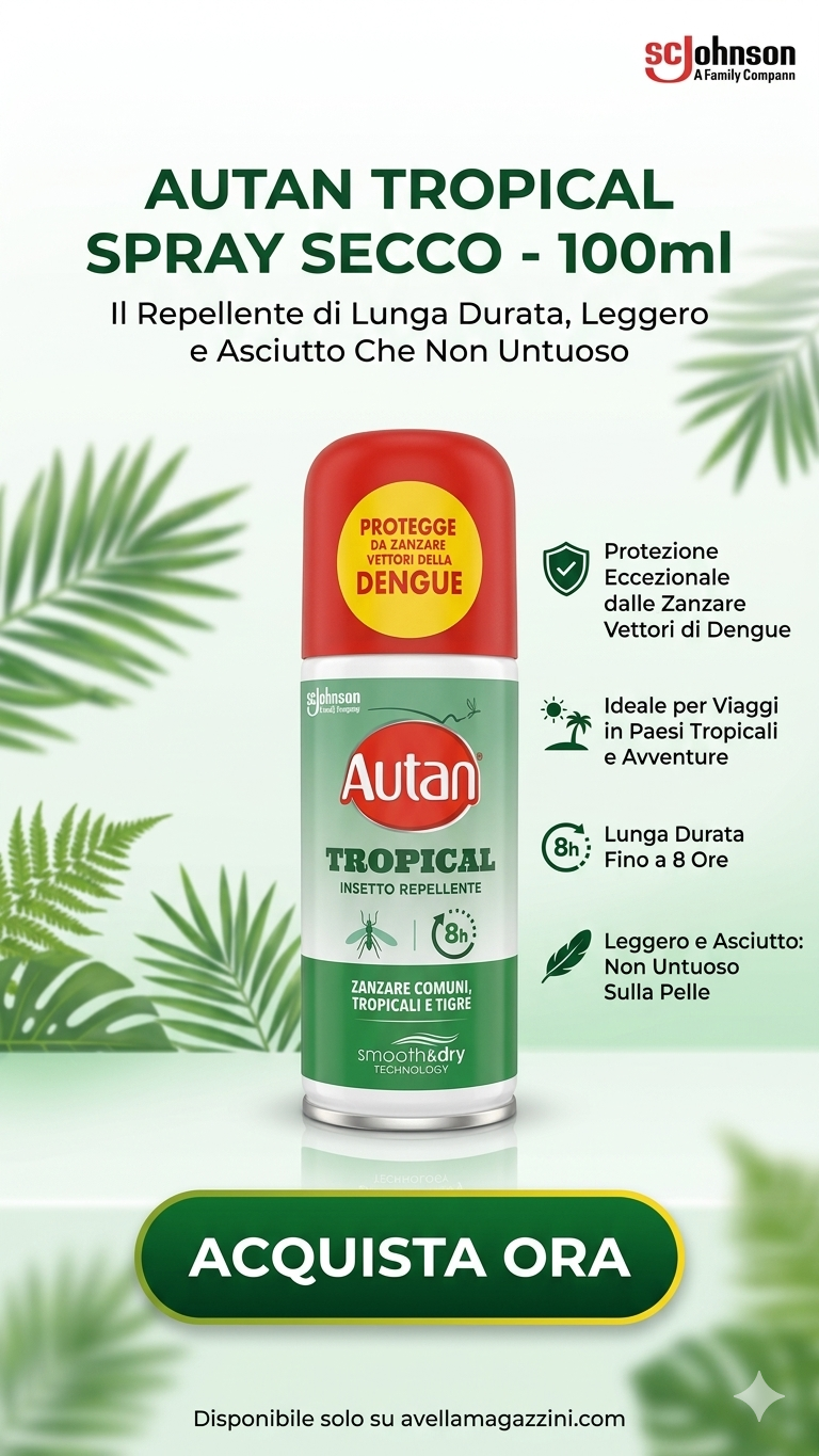 Autan Tropical Spray Secco 100ml | Repellente Anti-Zanzara Tigre e Tropicale | Protezione 8 Ore Non Untuosa con Amido di Mais