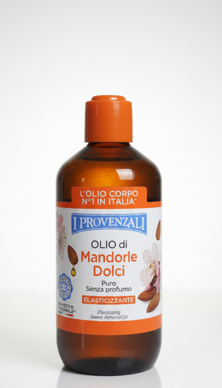Flacone da 250ml di Olio di Mandorle Dolci Puro I Provenzali senza profumo, olio 100% naturale elasticizzante per gravidanza, smagliature, pelle secca e trattamento nutriente per corpo e capelli.