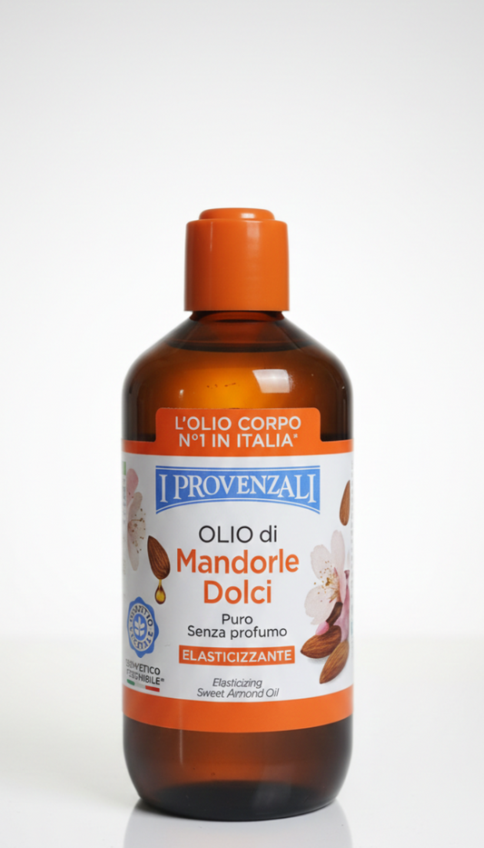Flacone da 250ml di Olio di Mandorle Dolci Puro I Provenzali senza profumo, olio 100% naturale elasticizzante per gravidanza, smagliature, pelle secca e trattamento nutriente per corpo e capelli.