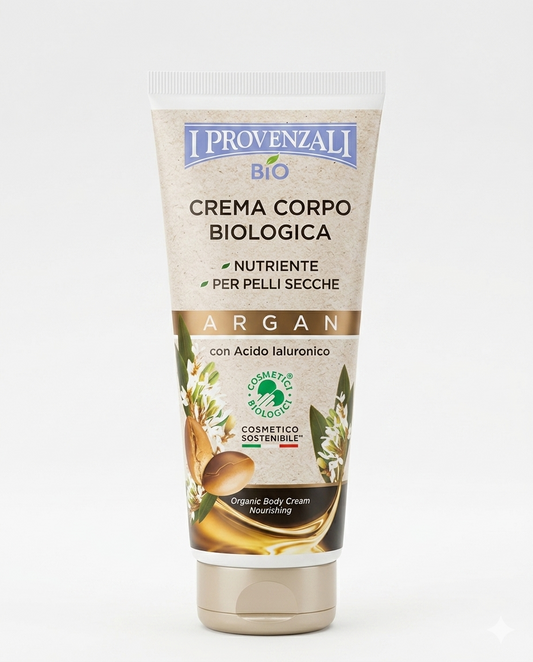 Crema Corpo Argan Bio I Provenzali da 200ml con olio di argan, acido ialuronico e burro di karité, crema nutriente e idratante ad azione elasticizzante e antietà, con ingredienti di origine naturale e texture leggera a rapido assorbimento.