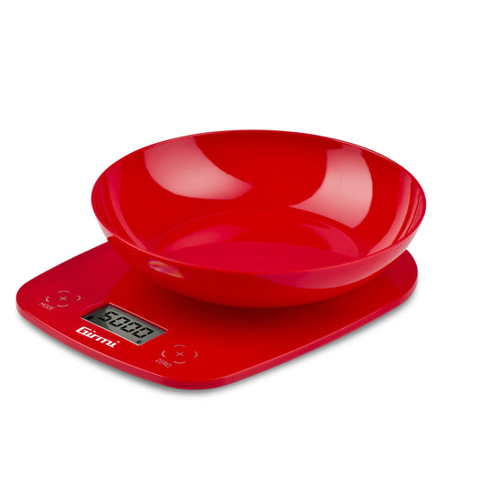 Girmi PS0102 Bilancia da Cucina Elettronica con Ciotola – Portata 5 Kg / 1 gr – Funzione Tara e Display LCD – Rosso Design