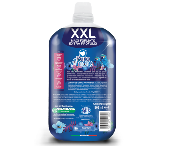 PURO AMORE Ammorbidente Concentrato Maxi Formato XXL Blue Sky | 86 Lavaggi | 1806 ml | Fragranza con Oli Essenziali | Effetto Nuvola e Azione Antistatica | Protezione Fibre