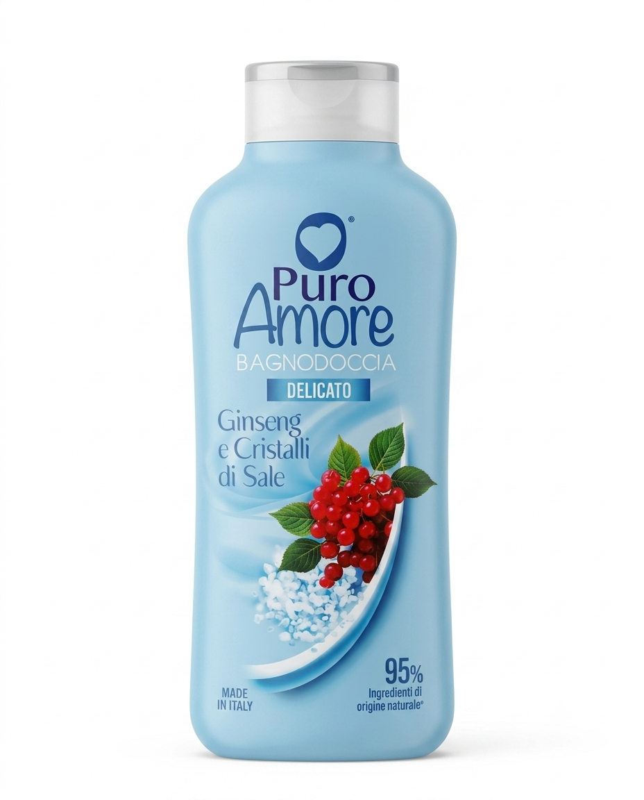 Puro Amore Bagnodoccia Delicato Ginseng e Cristalli di Sale 650 ml, detergente corpo con pH 5.5 e formula vegan composta da oltre il 95% di ingredienti di origine naturale, Made in Italy, ideale per una detersione delicata che dona una piacevole sensazione di freschezza e lascia la pelle morbida, tonificata e profumata.