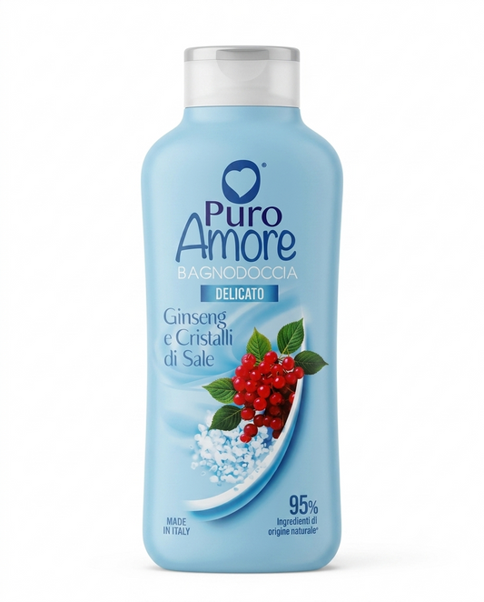 Puro Amore Bagnodoccia Delicato Ginseng e Cristalli di Sale 650 ml, detergente corpo con pH 5.5 e formula vegan composta da oltre il 95% di ingredienti di origine naturale, Made in Italy, ideale per una detersione delicata che dona una piacevole sensazione di freschezza e lascia la pelle morbida, tonificata e profumata.