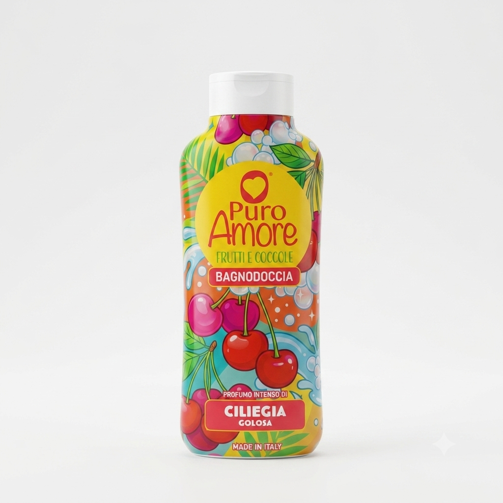 Puro Amore Frutti e Coccole Bagnodoccia Ciliegia Golosa 650 ml, detergente corpo con profumo intenso di ciliegia, formula naturale con oltre il 95% di ingredienti di origine naturale, Made in Italy, ideale per una detersione delicata che lascia la pelle morbida, idratata e piacevolmente profumata.