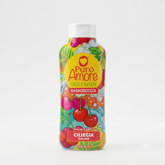 Puro Amore Frutti e Coccole Bagnodoccia Ciliegia Golosa 650 ml, detergente corpo con profumo intenso di ciliegia, formula naturale con oltre il 95% di ingredienti di origine naturale, Made in Italy, ideale per una detersione delicata che lascia la pelle morbida, idratata e piacevolmente profumata.