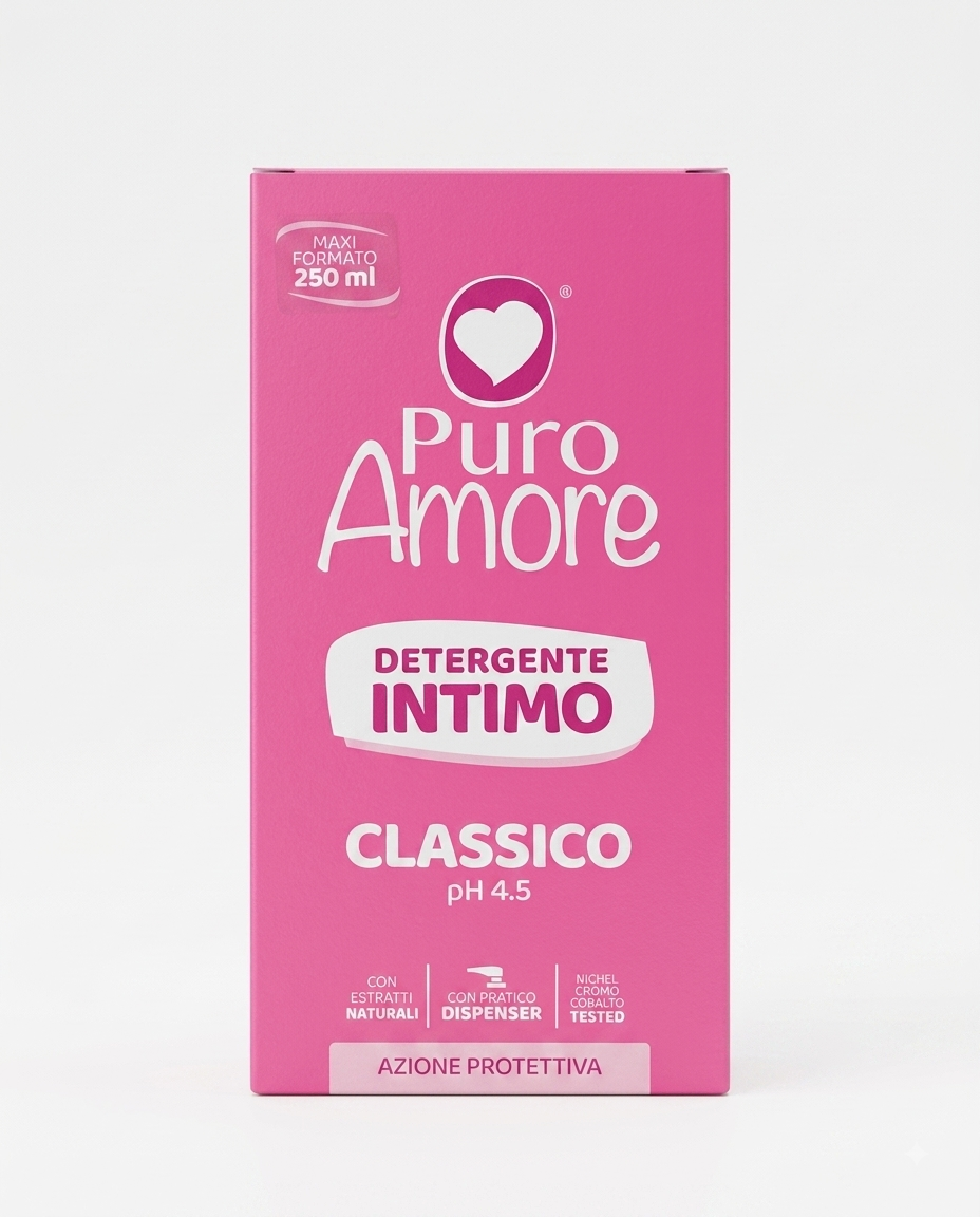 Puro Amore Detergente Intimo Classico 250 ml con pH 4,5, formulato con amamelide e acido lattico, ideale per l'igiene intima quotidiana con azione protettiva.