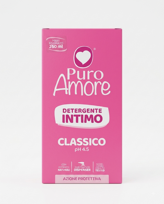 Puro Amore Detergente Intimo Classico 250 ml con pH 4,5, formulato con amamelide e acido lattico, ideale per l'igiene intima quotidiana con azione protettiva.