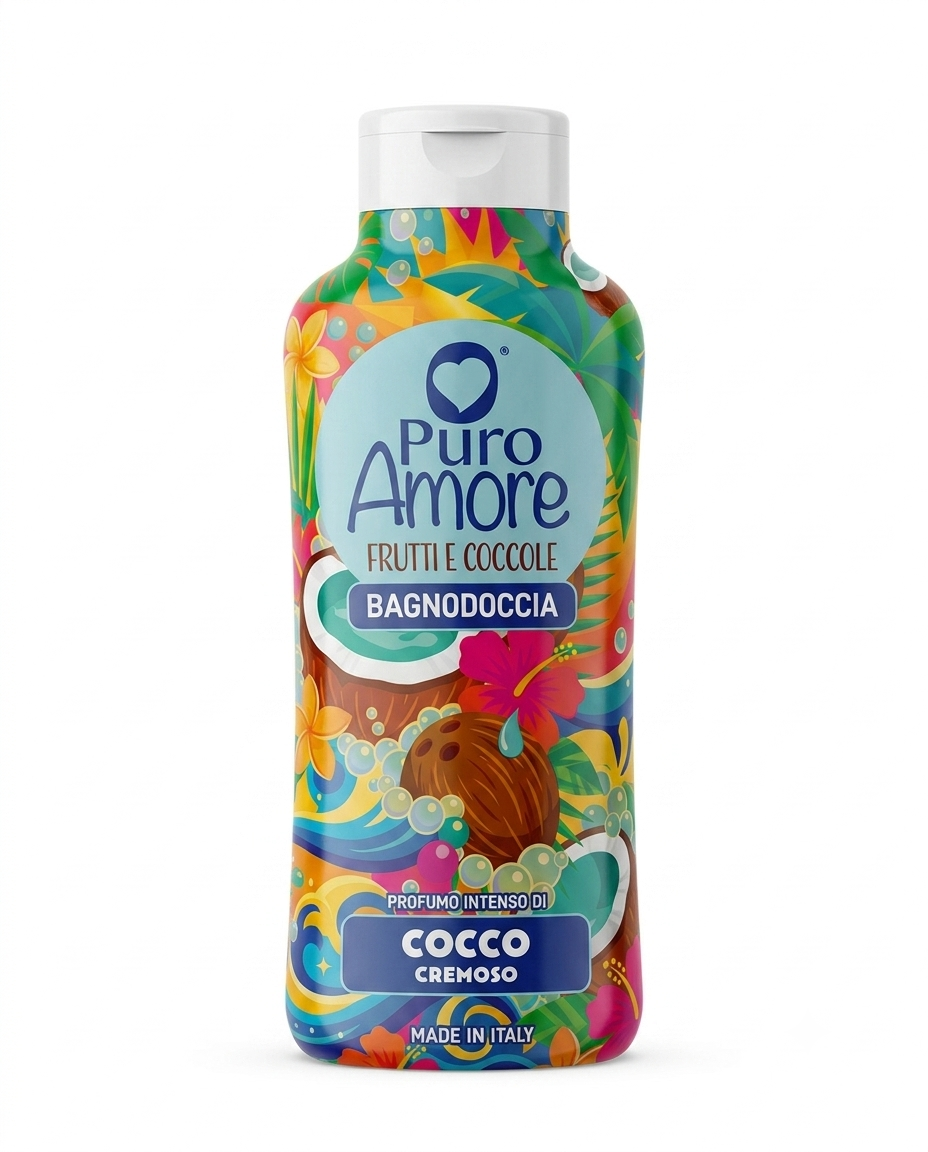 Puro Amore Frutti e Coccole Bagnodoccia Cocco Cremoso 650 ml, detergente corpo con profumo intenso al cocco, formula naturale oltre il 95% Made in Italy, ideale per una detersione delicata che lascia la pelle morbida, idratata e avvolta da una piacevole fragranza tropicale.