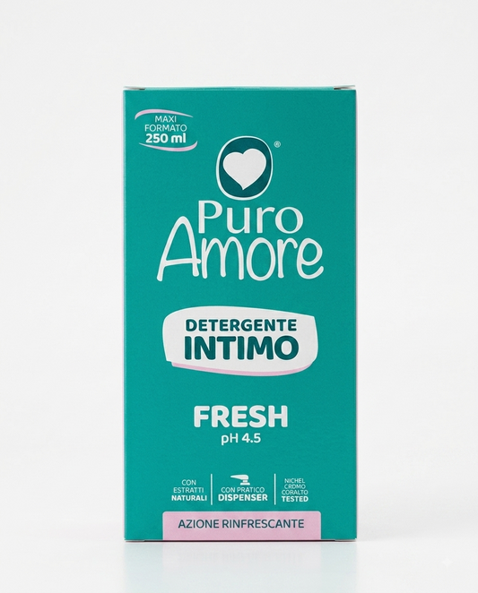 Puro Amore Detergente Intimo Fresh 250 ml con pH 4,5, formulato con mentolo, aloe vera e acido lattico, ideale per l'igiene intima quotidiana con azione rinfrescante.