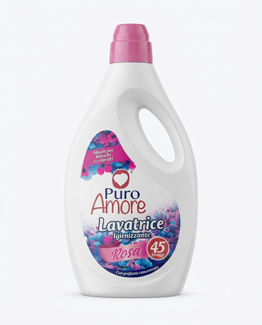 Puro Amore Lavatrice Rosa 2025 ml detersivo liquido per lavatrice 45 lavaggi, profumo concentrato e pulizia delicata dei tessuti.