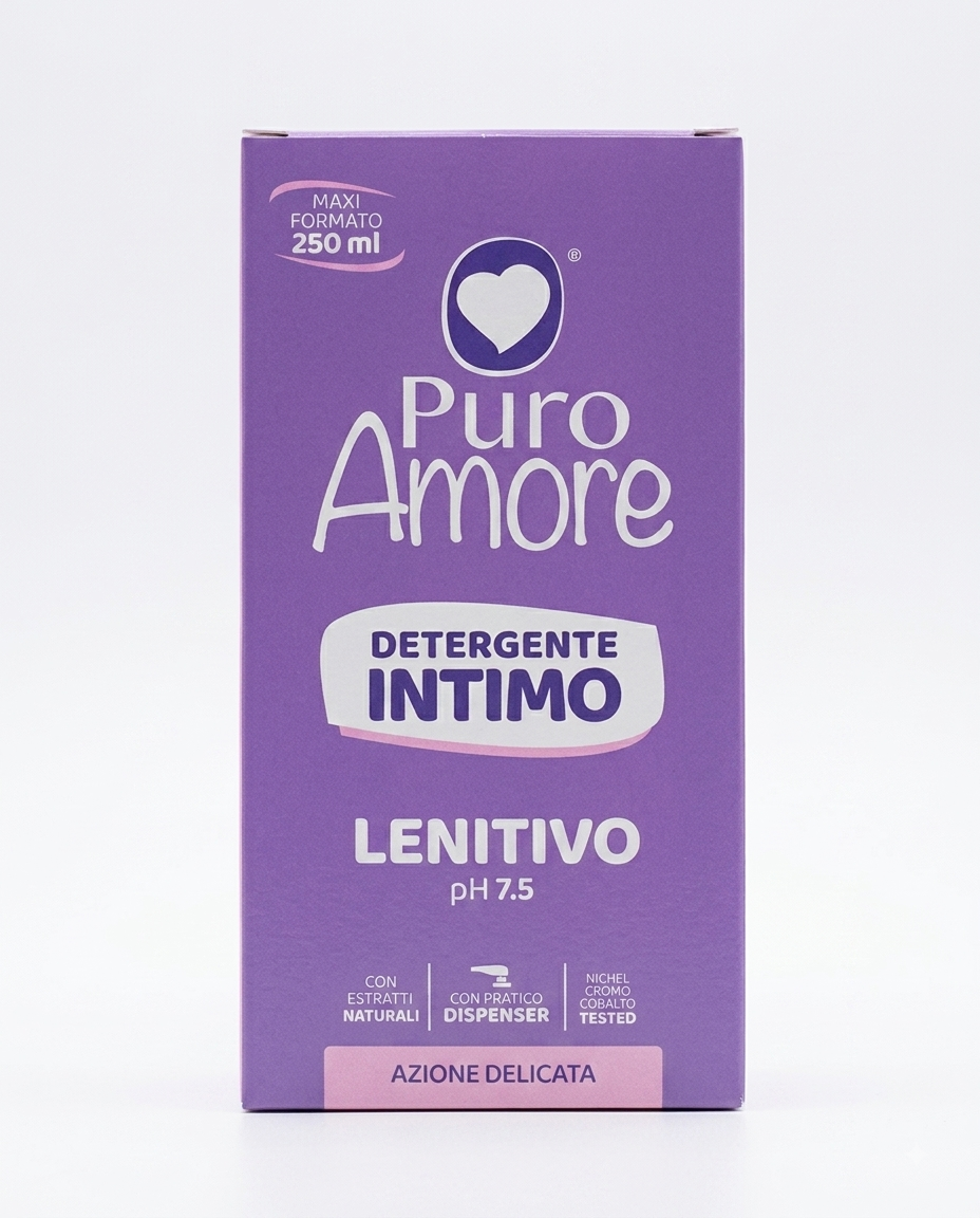 Puro Amore Detergente Intimo Lenitivo 250 ml con pH 7,5, formulato con calendula, camomilla e pompelmo, ideale per l'igiene intima quotidiana, Nichel Tested.