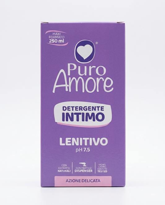 Puro Amore Detergente Intimo Lenitivo 250 ml con pH 7,5, formulato con calendula, camomilla e pompelmo, ideale per l'igiene intima quotidiana, Nichel Tested.