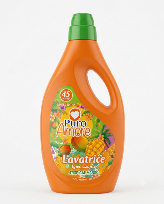 Puro Amore Detersivo Lavatrice Igienizzante Tropical Mango 2025 ml, detersivo liquido per 45 lavaggi con Tea Tree Oil, elimina sporco e cattivi odori, aiuta a igienizzare i tessuti e lascia un'intensa fragranza tropicale al mango.