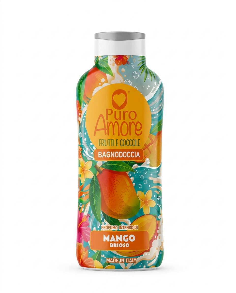 Puro Amore Frutti e Coccole Bagnodoccia Mango Brioso 650 ml, detergente corpo con profumo intenso al mango, formula naturale oltre il 95% Made in Italy, ideale per una detersione delicata che lascia la pelle morbida, fresca e avvolta da una piacevole fragranza fruttata ed esotica.