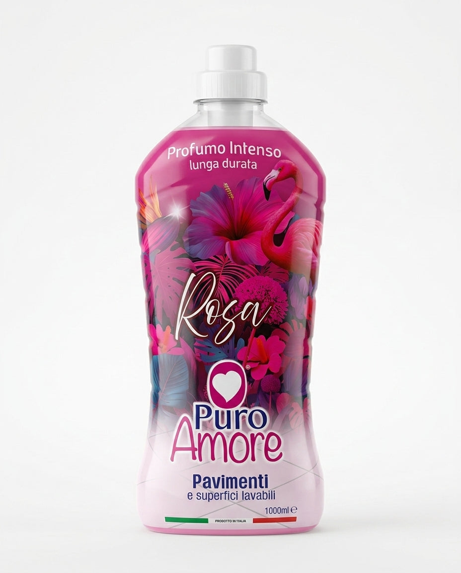 Puro Amore Pavimenti e Superfici Lavabili Rosa 1 L, detergente igienizzante con profumo intenso e di lunga durata, per una pulizia brillante senza aloni, ideale anche per ambienti con animali.
