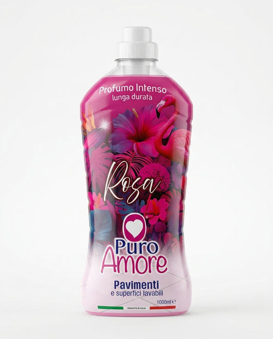 Puro Amore Pavimenti e Superfici Lavabili Rosa 1 L, detergente igienizzante con profumo intenso e di lunga durata, per una pulizia brillante senza aloni, ideale anche per ambienti con animali.
