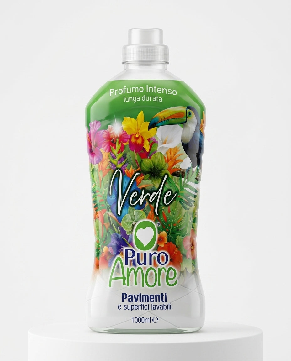 Puro Amore Pavimenti e Superfici Lavabili Verde 1 L, detergente igienizzante con profumo intenso e di lunga durata, per una pulizia brillante senza aloni, ideale anche per ambienti con animali.