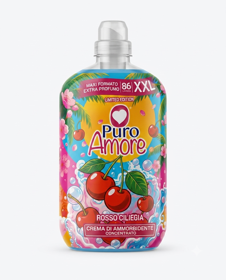 Puro Amore Ammorbidente Concentrato Rosso Ciliegia XXL 86 Lavaggi, crema ammorbidente profumata per bucato che dona morbidezza ai tessuti, fragranza intensa e freschezza a lunga durata con maxi formato convenienza.