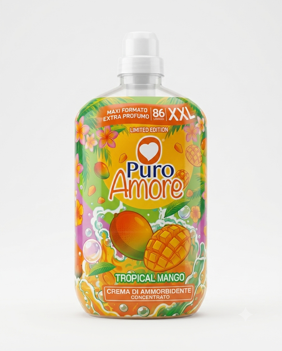 Puro Amore Crema Ammorbidente Concentrato Rosso Ciliegia 86 Lavaggi XXL, ammorbidente concentrato per bucato con profumo intenso e persistente, dona morbidezza ai tessuti e una piacevole freschezza ad ogni lavaggio.