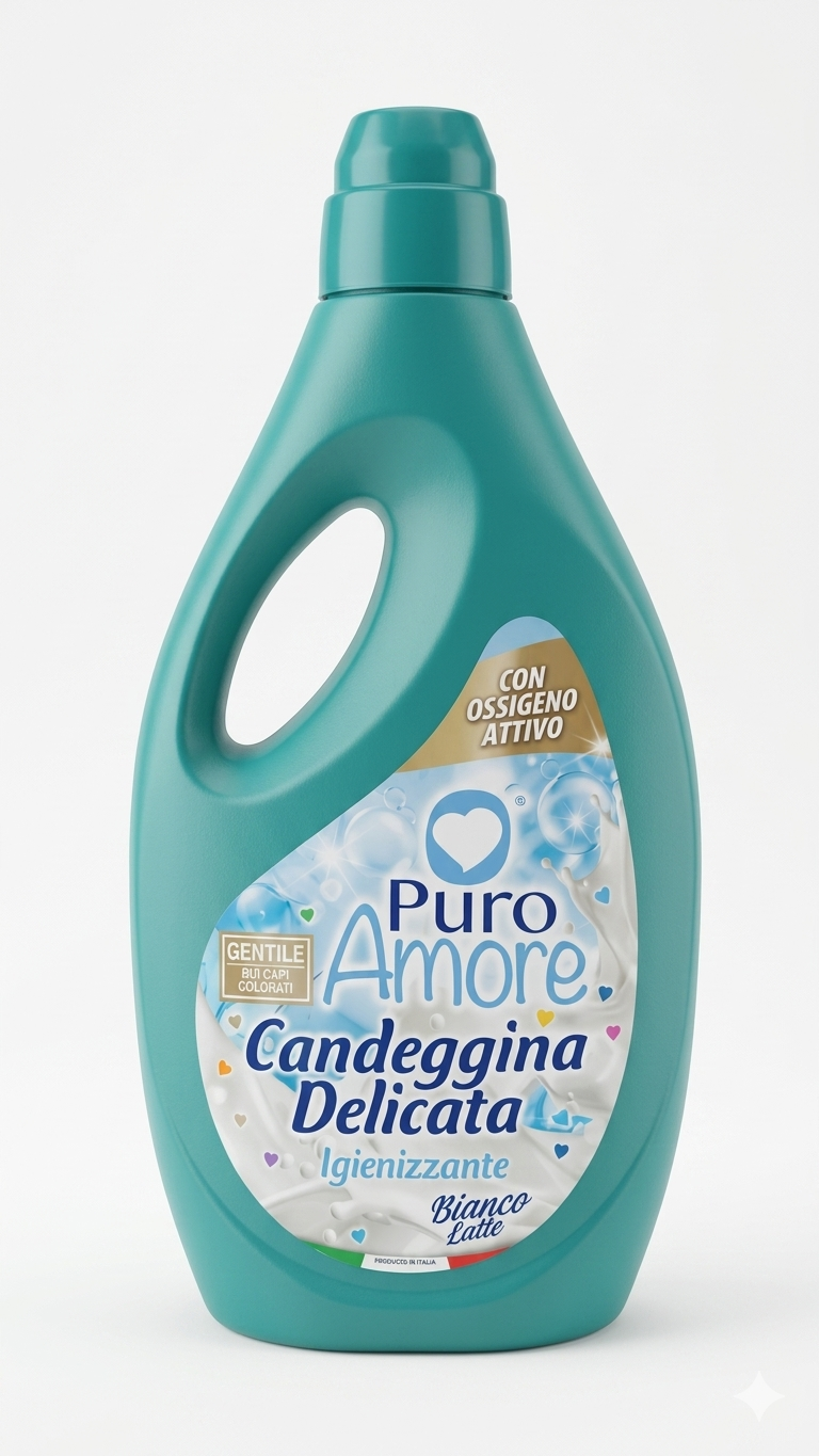 Puro Amore Candeggina Delicata Igienizzante Bianco Latte 2 Litri | Con Ossigeno Attivo per Capi Colorati e Superfici | Smacchiatore Multiuso