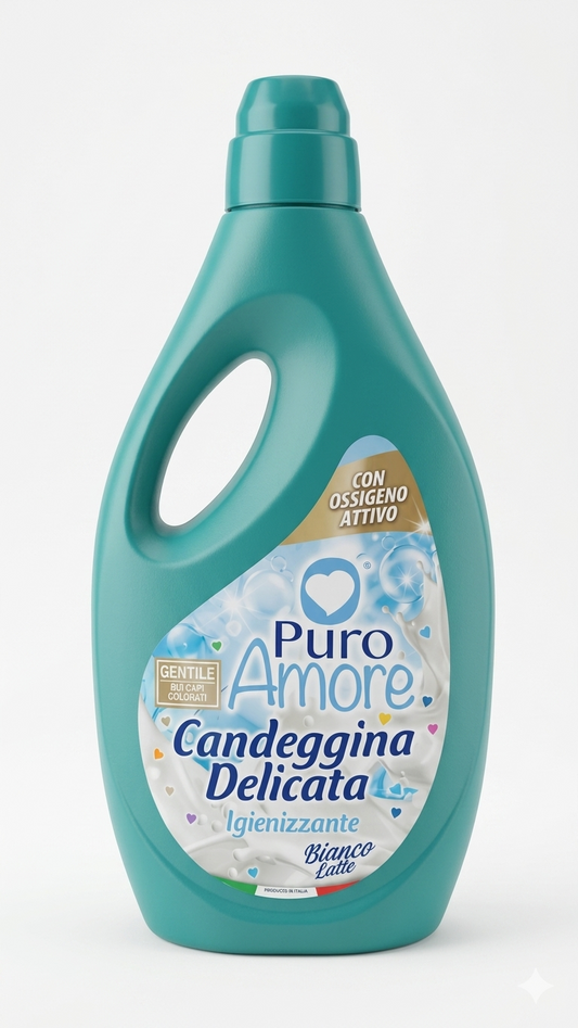 Puro Amore Candeggina Delicata Igienizzante Bianco Latte 2 Litri | Con Ossigeno Attivo per Capi Colorati e Superfici | Smacchiatore Multiuso