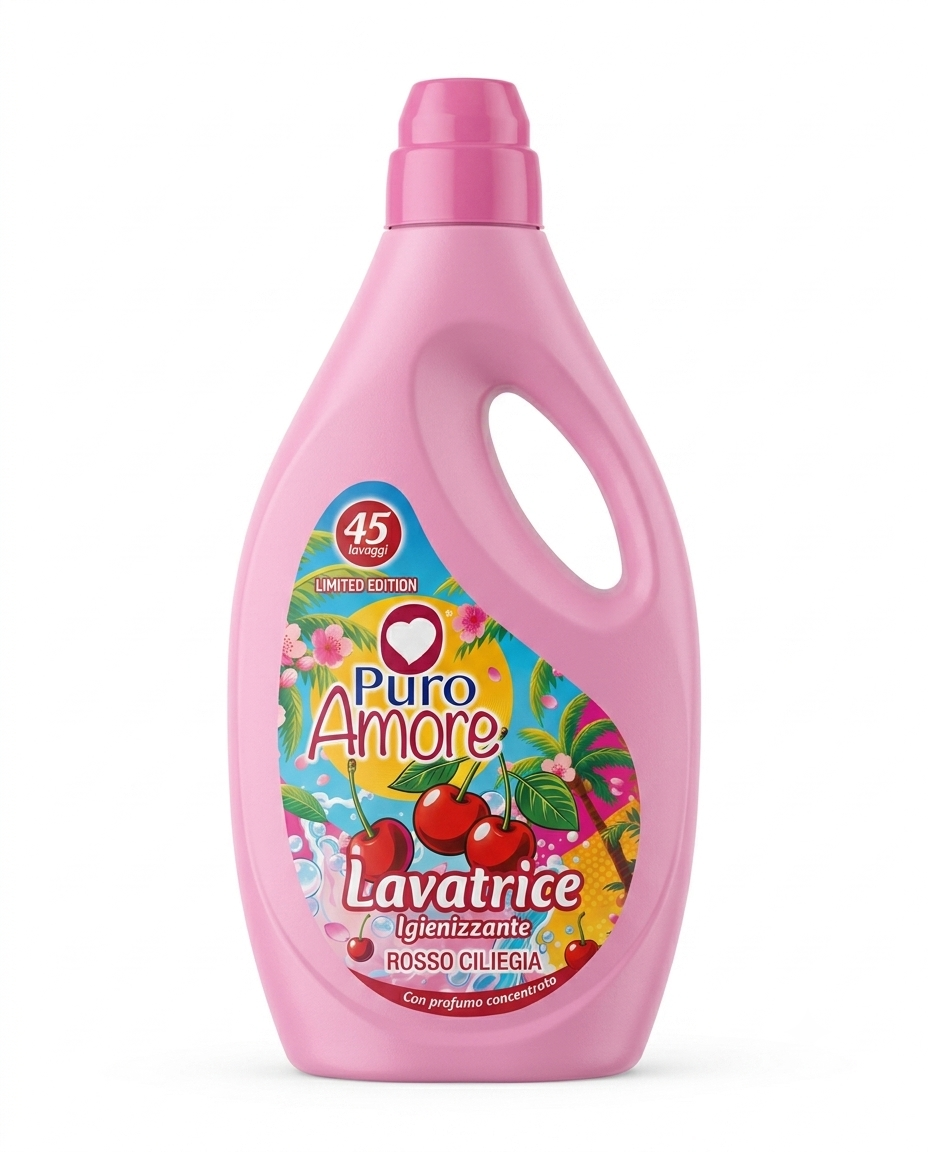 Puro Amore Detersivo Lavatrice Igienizzante Rosso Ciliegia 2025 ml, detersivo liquido per 45 lavaggi con Tea Tree Oil, rimuove sporco e cattivi odori, aiuta a igienizzare i capi e lascia una intensa fragranza alla ciliegia.