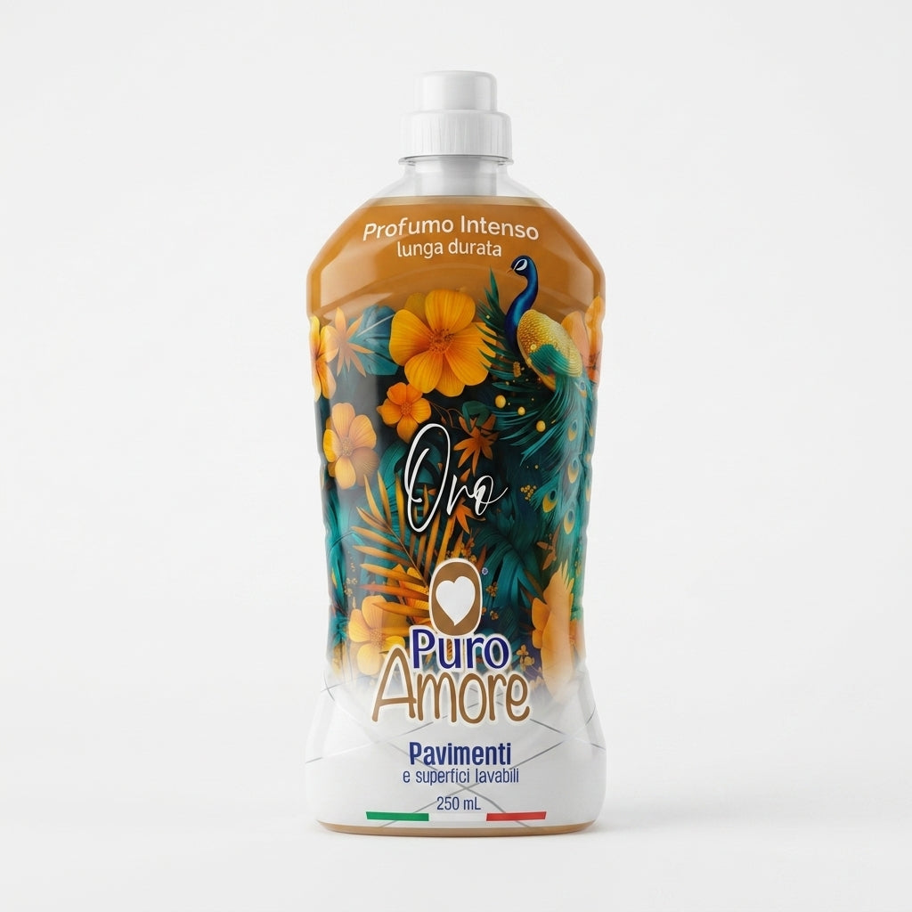 Puro Amore Pavimenti e Superfici Lavabili Oro 1 L, detergente igienizzante con profumo intenso e di lunga durata, per un pulito brillante senza aloni, ideale anche per ambienti con animali.