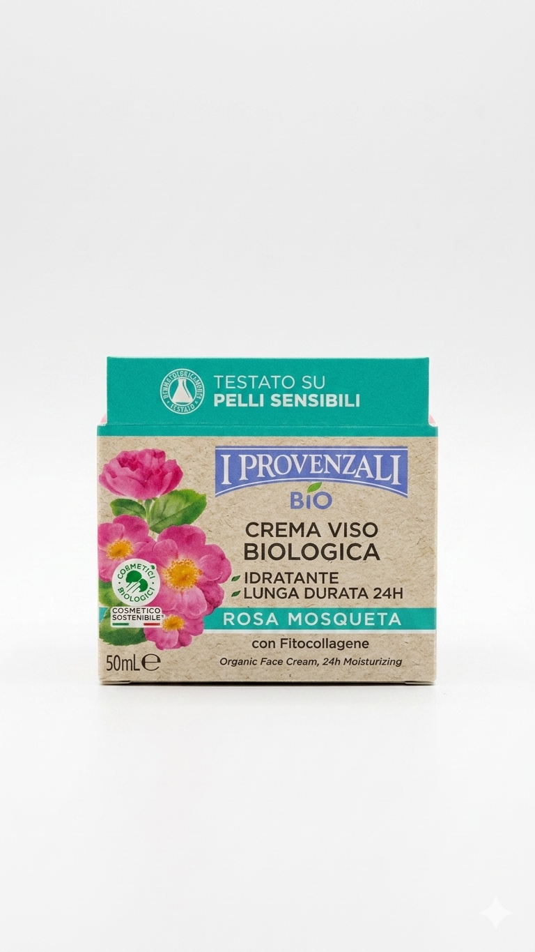 Crema Viso Antietà Biologica Rosa Mosqueta I Provenzali da 50ml, trattamento idratante 24h con fitocollagene e acido ialuronico vegetale, crema viso protettiva per pelli normali e miste, texture leggera a rapido assorbimento e base trucco.