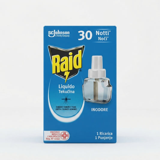 Raid Ricarica Liquida Antizanzare 30 notti, inodore, protegge fino a 20 m³ contro zanzare comuni e tigre.