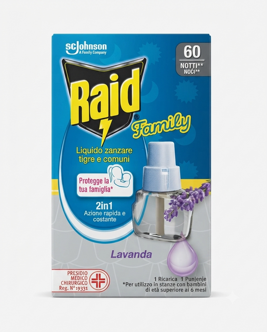 Raid Family Ricarica Liquida Antizanzare 60 Notti Lavanda, protezione elettrica contro zanzare comuni e zanzare tigre fino a 20 m³, profumazione lavanda, flacone ricarica antizanzare PMC.