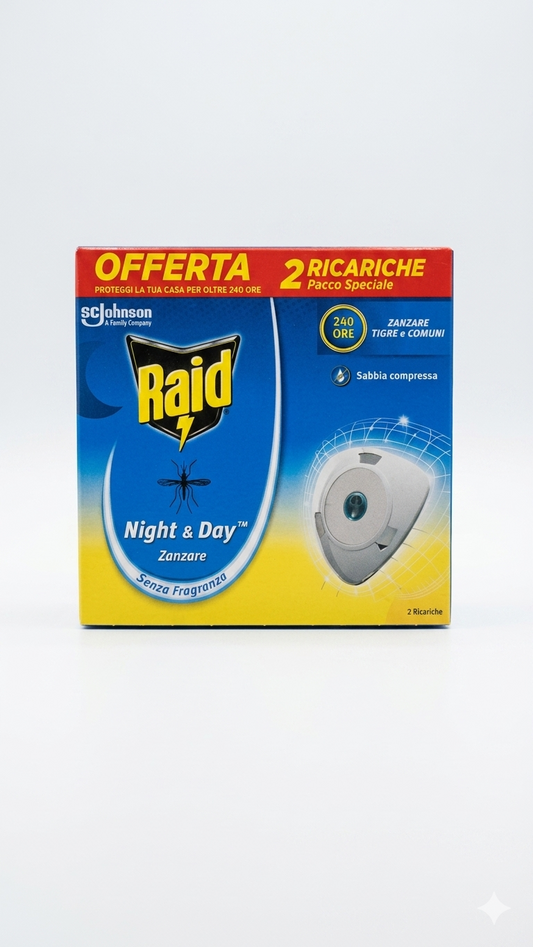 Raid Night & Day | Sabbia Compressa | Ricariche Insetticida 2 Pezzi | Senza Fragranza – Protezione 240 Ore Pacco Speciale