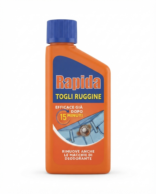 Rapida Togli Ruggine Smacchiatore per Tessuti 50 ml, elimina macchie di ruggine, deodorante e aloni con azione rapida, trattamento mirato per la pulizia e la cura dei tessuti.