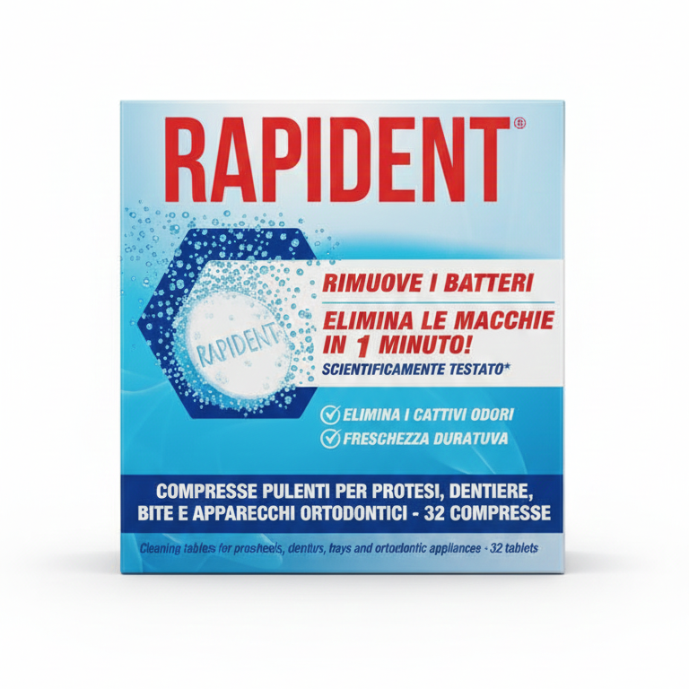 Rapident Compresse Pulenti 32 pezzi per pulizia protesi dentarie bite e apparecchi ortodontici azione rapida 1 minuto battericida anti macchia e anti odore
