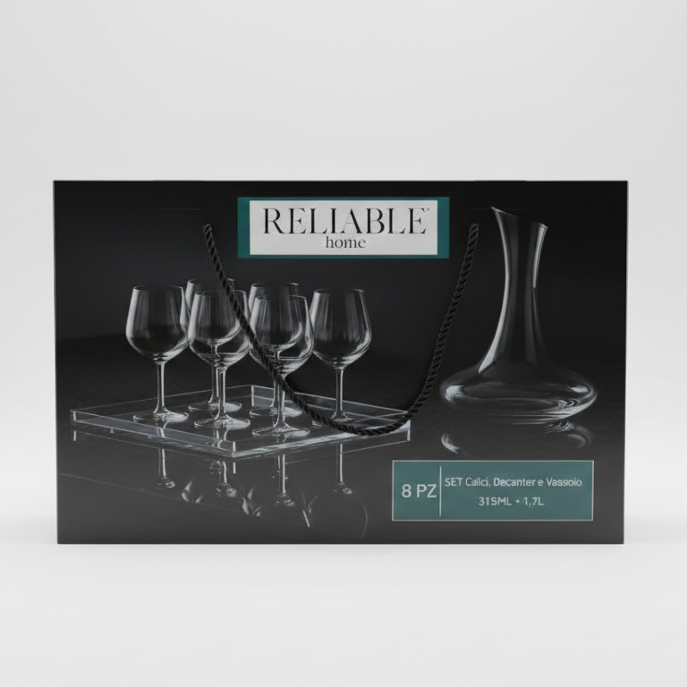 Reliable Home Set 8 Pezzi Servizio Vino – 6 Calici, Decanter 1,7L e Vassoio Coordinato