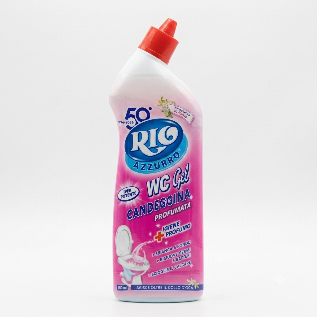 Rio Azzurro WC Gel Candeggina Profumata 750 ml, detergente gel per WC con azione sbiancante, anticalcare e igienizzante, ideale per la pulizia profonda e la rimozione dello sporco dal sanitario, nel formato speciale 50° Anniversario.