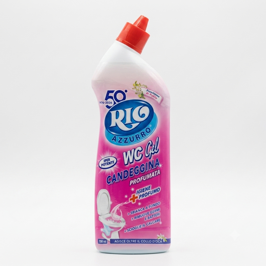 Rio Azzurro WC Gel Candeggina Profumata 750 ml, detergente gel per WC con azione sbiancante, anticalcare e igienizzante, ideale per la pulizia profonda e la rimozione dello sporco dal sanitario, nel formato speciale 50° Anniversario.