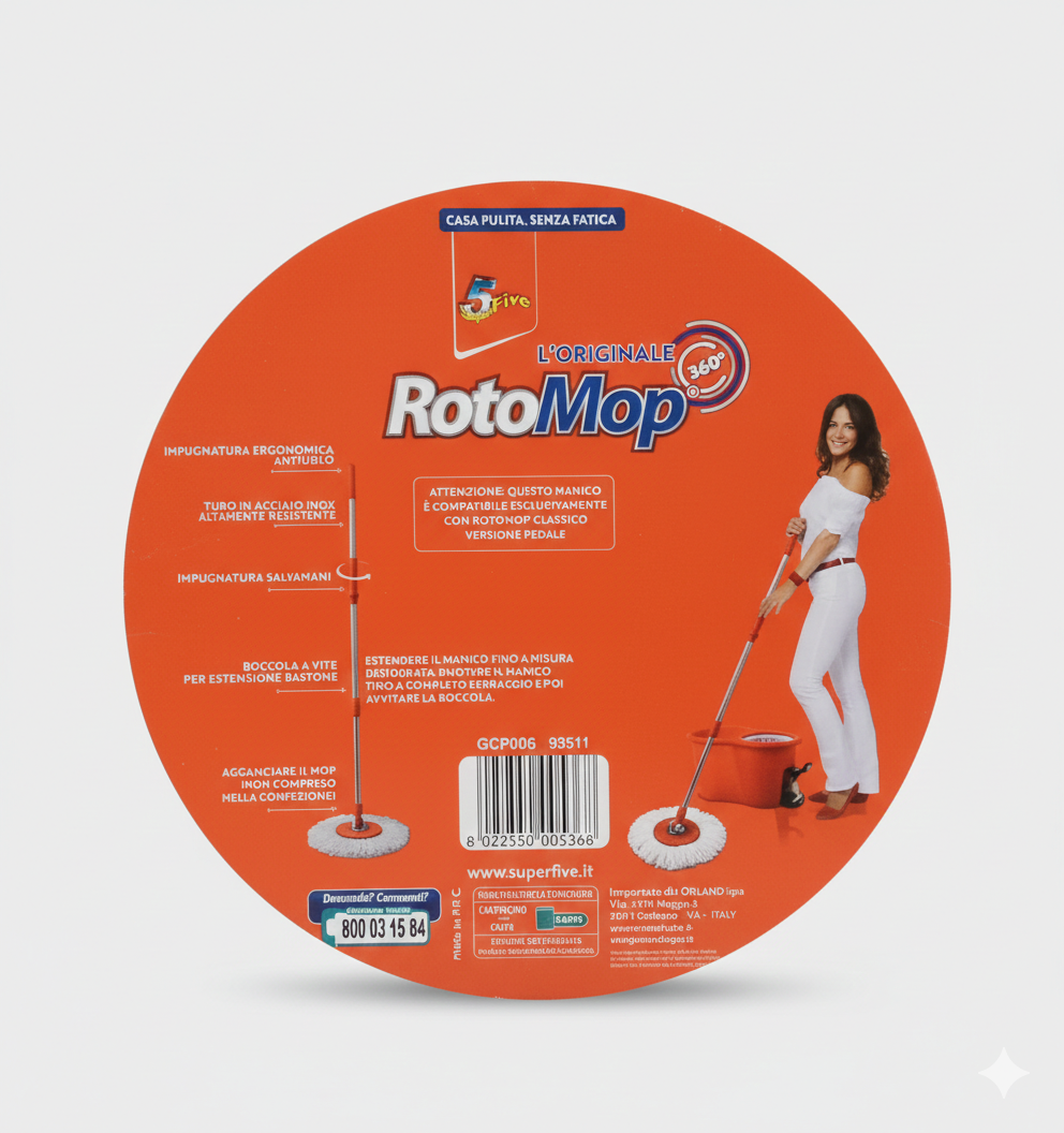 Super5 RotoMop Ricambio Manico Originale | Acciaio Inox Telescopico 130cm | Testa Rotante 360° | Impugnatura Ergonomica Antiurto | Compatibile RotoMop Classico e Pedale