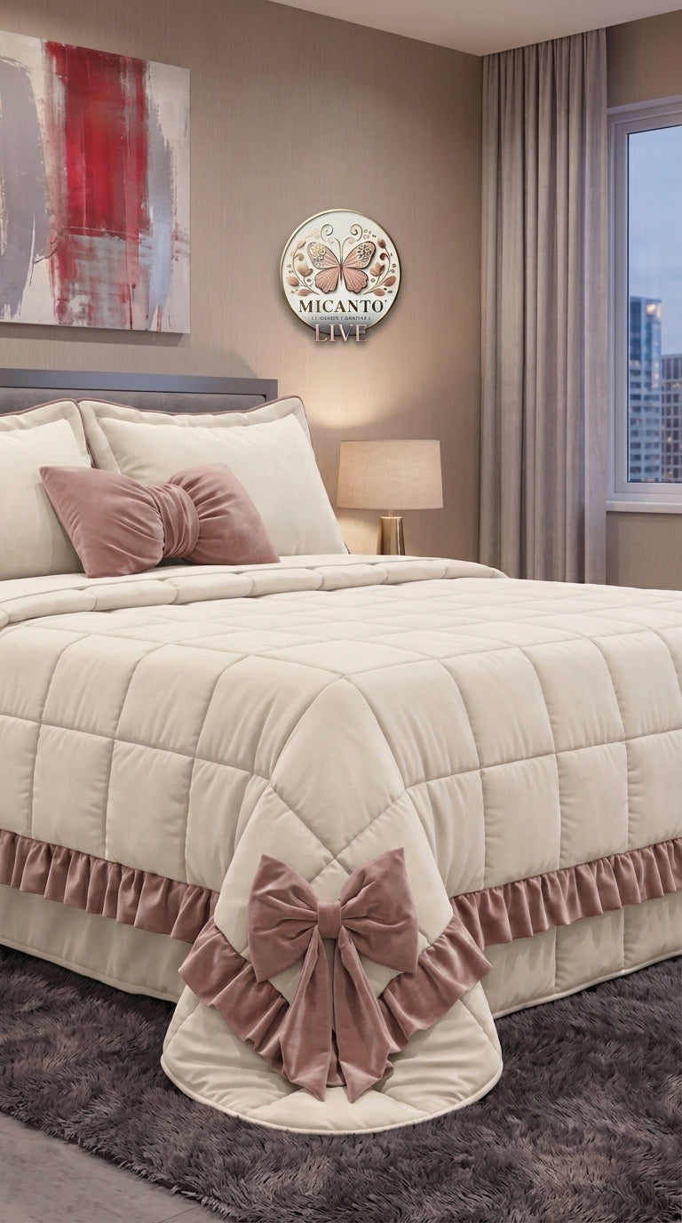 Malika Home Trapunta Matrimoniale Belle Époque Balza in Velluto Fiocco e Cuscino Arredo Made in Italy – Eleganza Lusso Camera da Letto