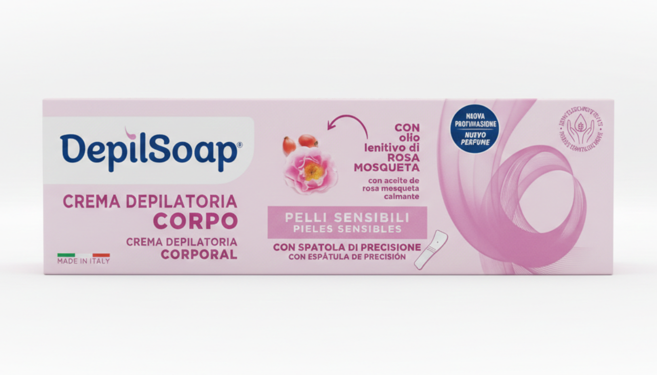 Depilsoap Crema Depilatoria Corpo 150ml – Pelli Sensibili con Olio di Rosa Mosqueta e Acido Ialuronico – Formula Senza Ammoniaca con Spatola di Precisione