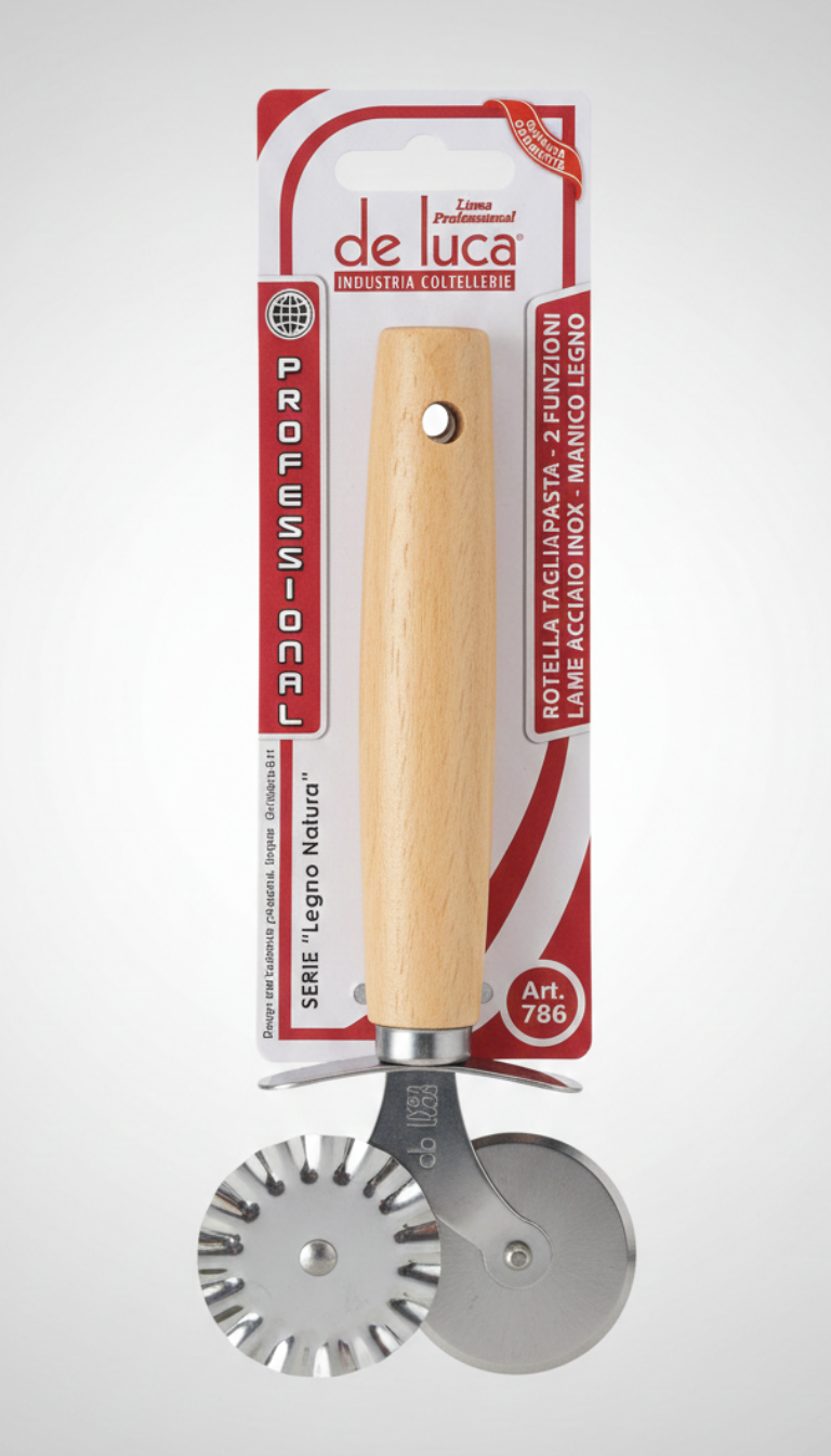 DeLuca Rotella Tagliapasta 2 Funzioni – Serie Legno Natura – Lame in Acciaio Inox 430 – Tagliapasta Liscio e Festonato per Pasta Fresca