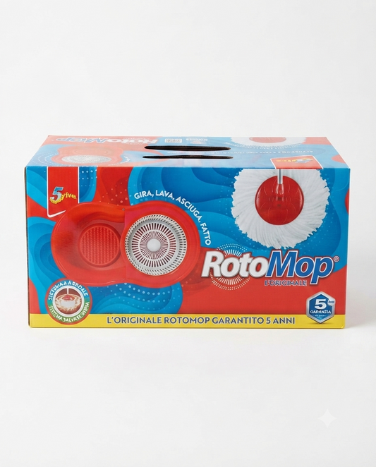 SuperFive Rotomop L'Originale | Kit Lavapavimenti con Centrifuga a Pedale | Sistema Salva Schiena e Manico Inox | 5 Anni di Garanzia | Frange 100% Microfibra