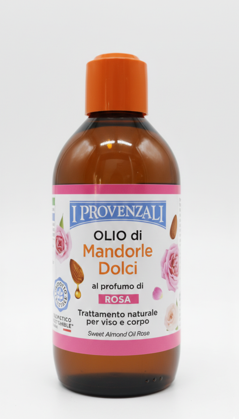 Flacone da 200ml di Olio di Mandorle Dolci I Provenzali al profumo di rosa, trattamento naturale elasticizzante e anti-smagliature per viso e corpo, ideale per pelle secca, idratazione intensa e nutrimento quotidiano.