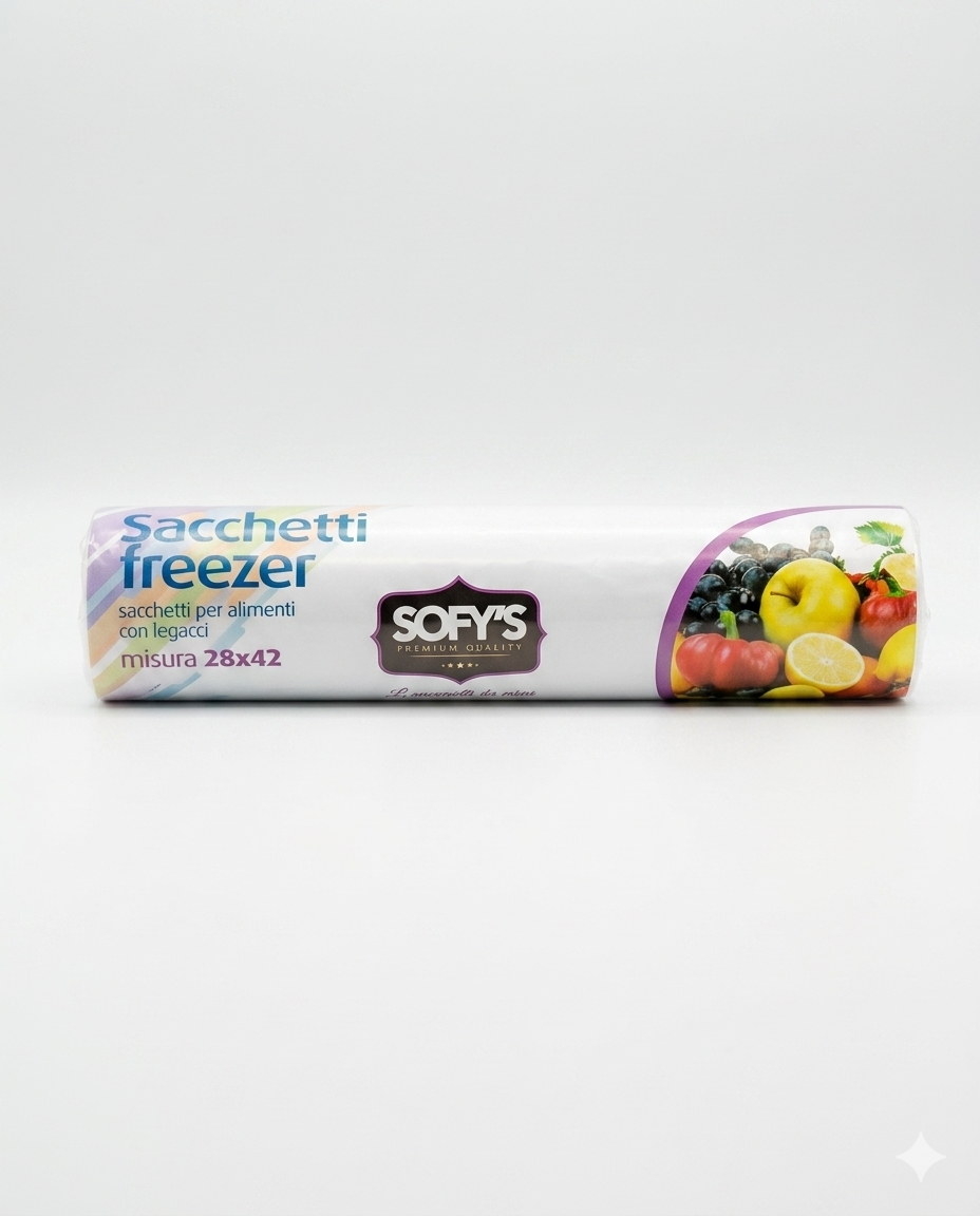 Sofy's Sacchetti Freezer per Alimenti con Legacci 28x42 cm – Maxirotolo da 300 Pezzi Ultra Resistenti Salva-Freschezza