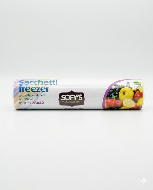 Sofy's Sacchetti Freezer per Alimenti con Legacci 28x42 cm – Maxirotolo da 300 Pezzi Ultra Resistenti Salva-Freschezza