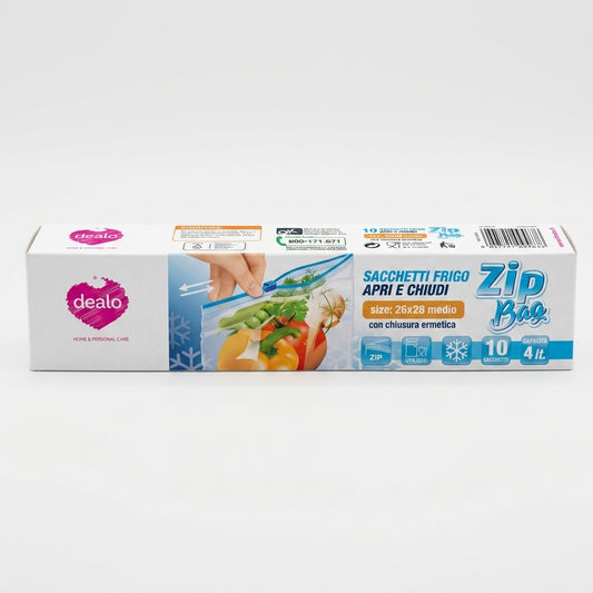 Dealo Zip Bag Sacchetti Frigo Medio Apri e Chiudi 4 L, formato 26x28 cm, confezione da 10 pezzi con chiusura zip ermetica riutilizzabile, super resistenti e ideali per conservare alimenti.