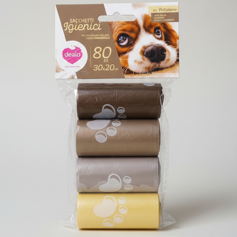Dealo Sacchetti Igienici per Cani 80 pezzi, confezione da 4 rotoli da 20 sacchetti misura 30x20 cm, ultra resistenti, antiodore ed eco-friendly.